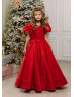 Short Sleeves Red Lace Satin Flower Girl Dress